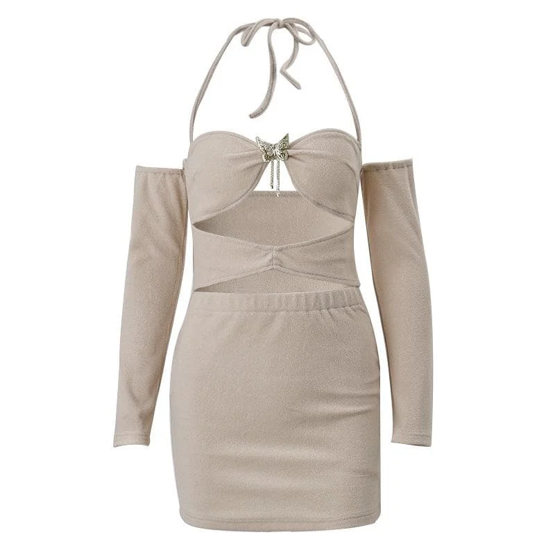 "Maxi dresses for women to wear in the fall"BerryBetty - Hollow out halter solid long sleeve backless butterfly applique mini dress "Maxi dresses for women to wear in the fall"BerryBetty - Hollow out halter solid long sleeve backless butterfly applique mini dress