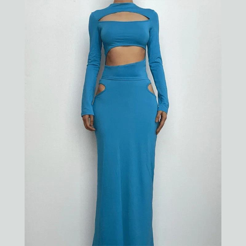 "White dresses for women for a fresh and clean look"BerryBetty - Hollow out long sleeve crewneck solid maxi skirt set "White dresses for women for a fresh and clean look"BerryBetty - Hollow out long sleeve crewneck solid maxi skirt set