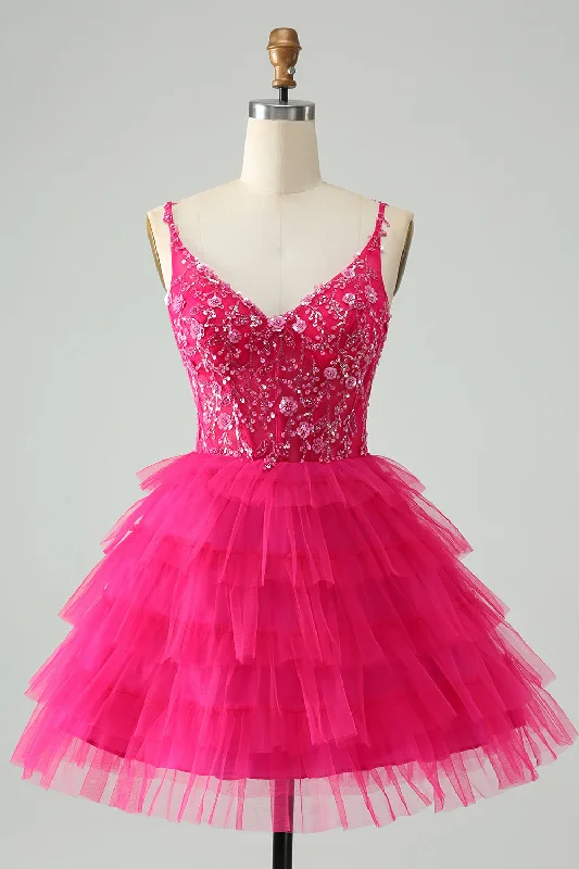 Dresses with Pleated Tulle Skirt for Ladies' Princess LookHot Pink A Line Spaghetti Straps Tulle Tiered Short Homecoming Dress