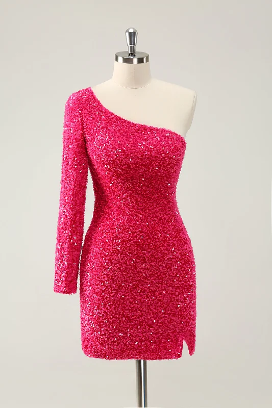 Long Sleeve Knit Dresses for Ladies' Winter ComfortHot Pink One Shoulder Glitter Sequins Homecoming Dress with Slit