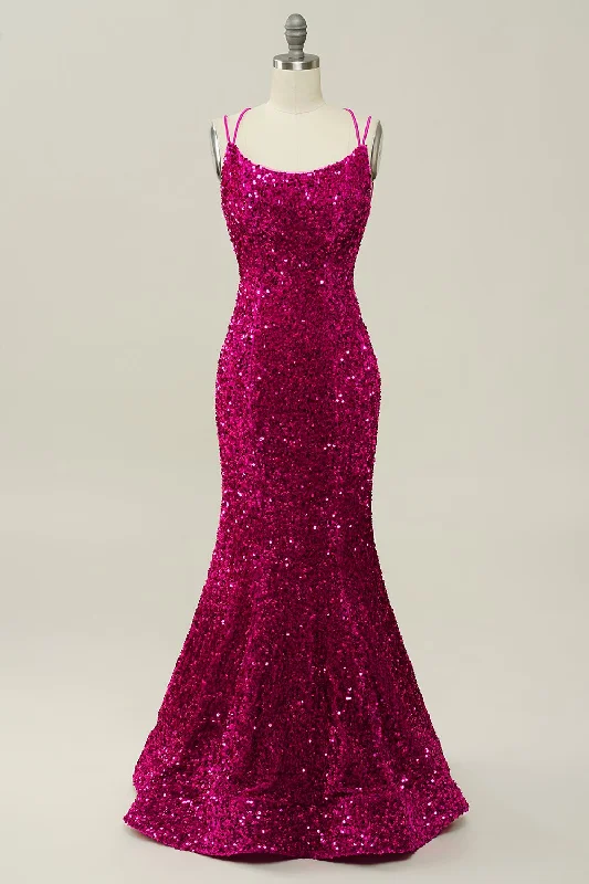 "Chiffon dresses for women with a flowy and light feel"Hot Pink Sequin Spaghetti Straps Mermaid Prom Dress with Lace-up Back