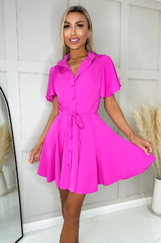 "Floral print dresses for women for a feminine look"Hot Pink Short Sleeve Belted Skater Dress