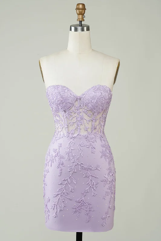 "Lace dresses for women for a romantic and elegant look"Hot Selling Bodycon Sweetheart Purple Corset Homecoming Dress with Appliques "Lace dresses for women for a romantic and elegant look"Hot Selling Bodycon Sweetheart Purple Corset Homecoming Dress with Appliques