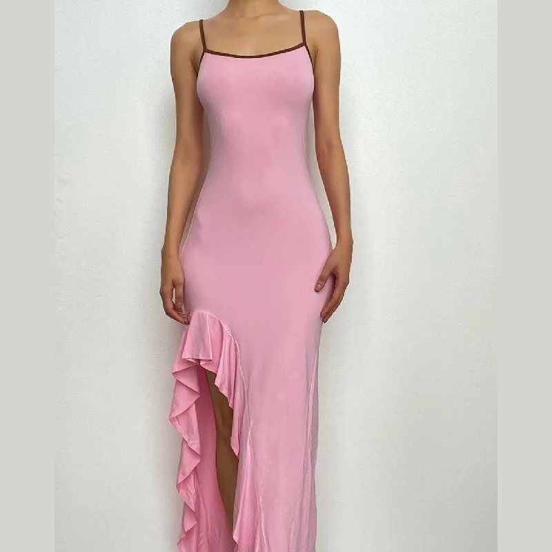 "Affordable plus size women's summer dresses"BerryBetty - Irregular ruffle backless solid u neck cami maxi dress