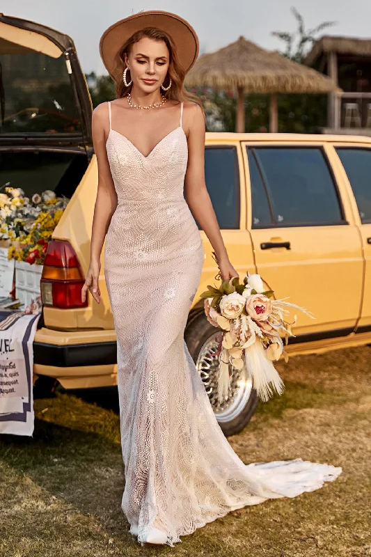"Beaded dresses for women for a glamorous look"Ivory and Champagne Spaghetti Straps Mermaid Lace Beach Wedding Dress With Sweep Train