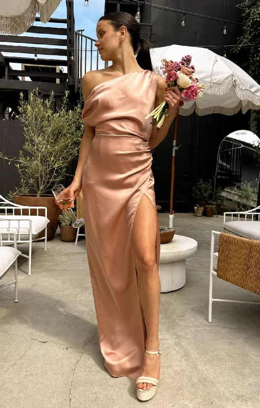 Maxi Dresses for Romantic Date NightsJodie Dress ~ Rose Gold Luxe Satin