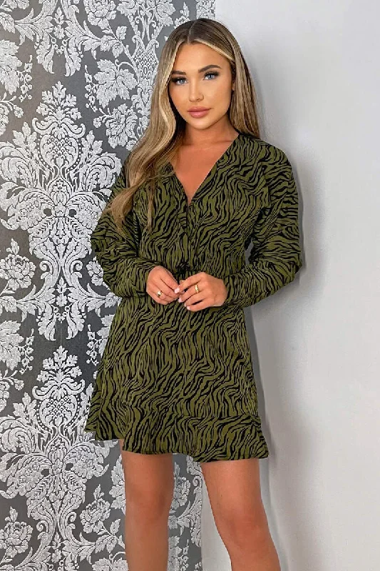 "A - line dresses for women to flatter the figure"Khaki Animal Print Long Sleeve Mini Skater Dress "A - line dresses for women to flatter the figure"Khaki Animal Print Long Sleeve Mini Skater Dress