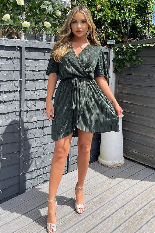 "Vintage - look women's dresses for a retro charm"Khaki Wrap Top Belted Short Sleeve Plisse Mini Dress "Vintage - look women's dresses for a retro charm"Khaki Wrap Top Belted Short Sleeve Plisse Mini Dress