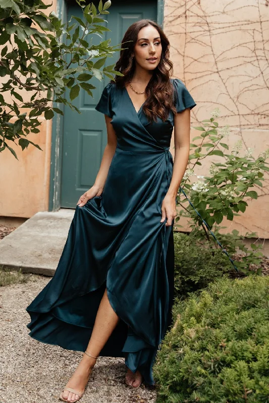 Maxi Dresses Paired with Crop Tops for a Trendy LookKrystal Satin Wrap Gown | Deep Blue