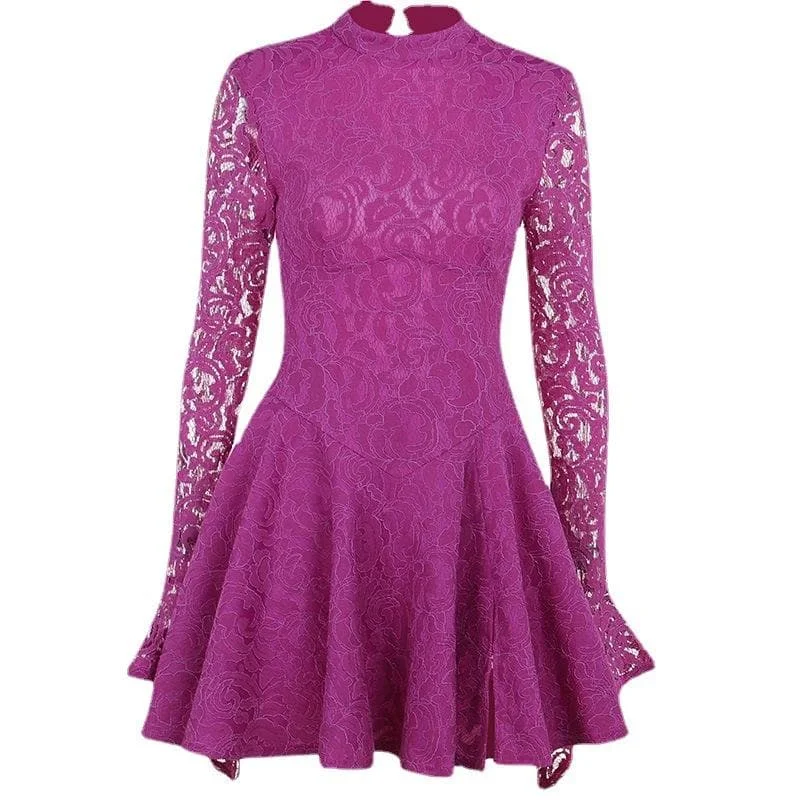 "Sequined dresses for women to shine at parties"BerryBetty - Lace hem long sleeve zip-up lace up backless solid ruffle mini dress "Sequined dresses for women to shine at parties"BerryBetty - Lace hem long sleeve zip-up lace up backless solid ruffle mini dress