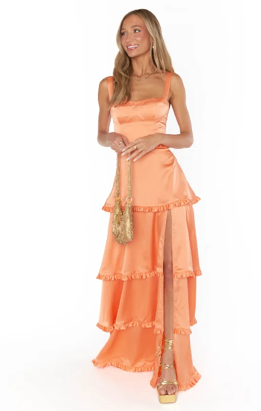 Maxi Dresses with Ruffled Trim for a Sweet and Girly LookLady Corset Dress ~ Cantaloupe Luxe Satin