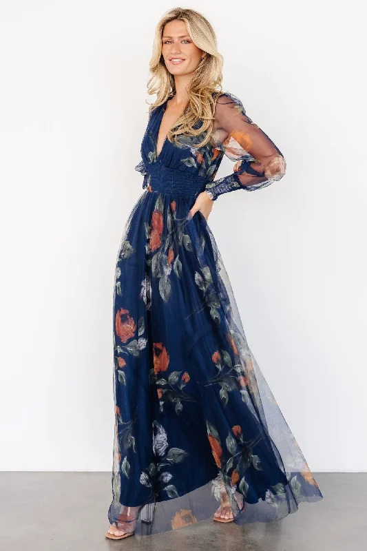 High - Waisted Maxi Dresses to Create Long Leg LinesLayla Tulle Maxi Dress | Navy Blue Floral