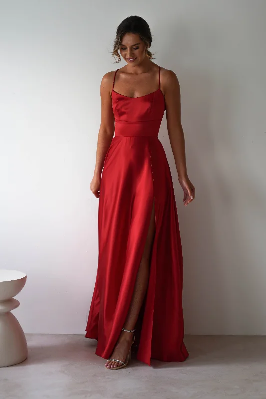 Maxi Dresses with Abstract Art Prints for a Unique StyleLeelie Silky Satin Maxi Gown | Red