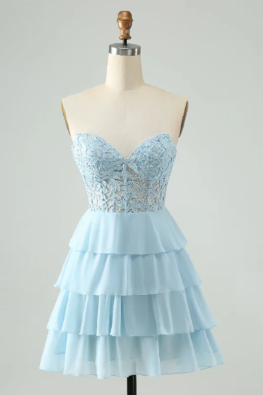 Dresses with Lace and Tulle Combo for Ladies' Dreamy LookLight Blue A Line Sweetheart Tiered Short Homecoming Dress with Appliques