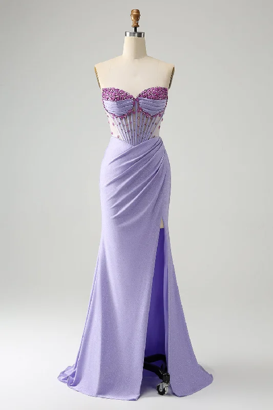 Embroidered Silk Dresses for Ladies' Elegant TouchLight Purple Mermaid Strapless Ruched Beaded Corset Prom Dress with Slit