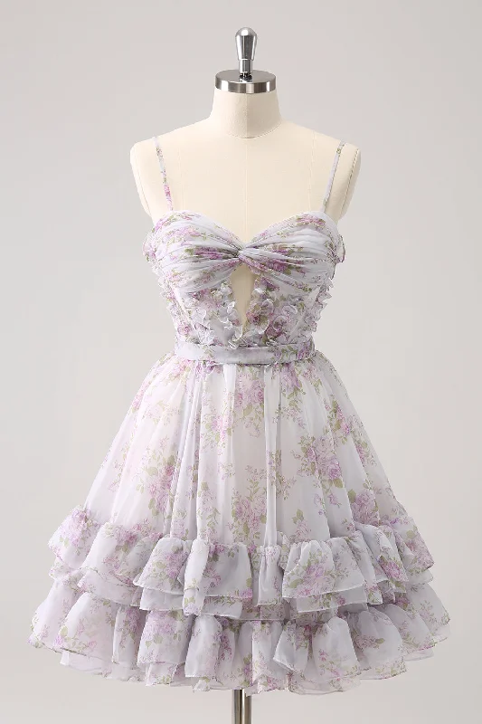 Dresses with Sequined Stripes and Sheer Back for Ladies' Bold and Sexy LookLilac A-Line Floral Prints Ruffled Tiered Tulle Homecoming Dress