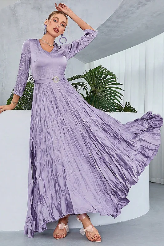 Plus Size Jersey Wrap Dresses for Ladies' Easygoing LookLilac Pleated A Line Long Sleeves Prom Dress