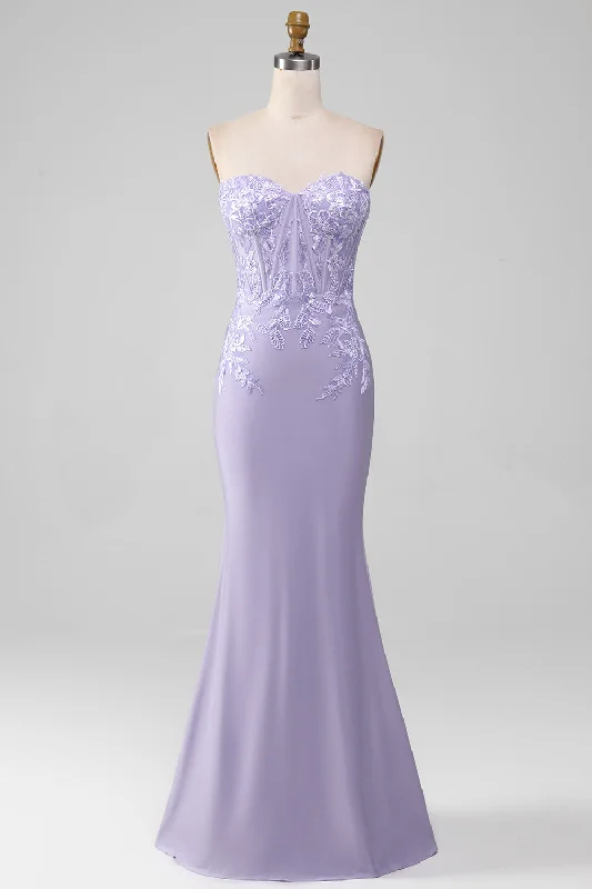 Comfortable Linen Shift Dresses for Ladies' Daily WearLilac Sheath Strapless Corset Prom Dresses With Lace Appliques