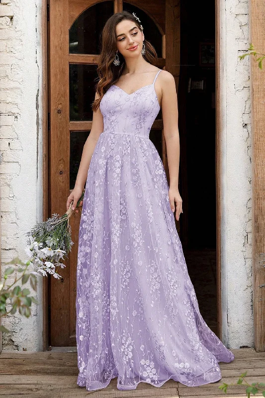 Vintage Inspired Tea Length Dresses for Ladies with Ruffled CollarLilac Spaghetti Straps A Line Lace Prom Dress