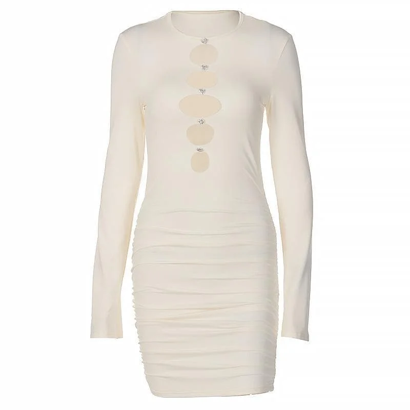 "Work - appropriate dresses for professional women"BerryBetty - Long sleeve hollow out buttoned solid ruched dress - Final Sale "Work - appropriate dresses for professional women"BerryBetty - Long sleeve hollow out buttoned solid ruched dress - Final Sale
