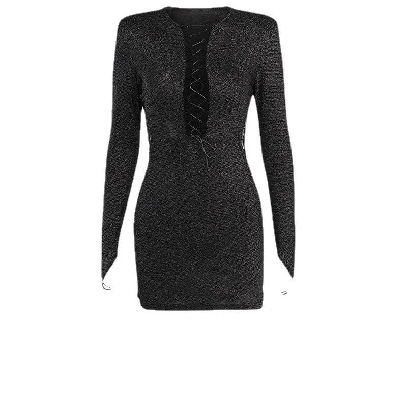 "T - shirt dresses for women for ultimate comfort"BerryBetty - Long sleeve hollow out lace up gloves textured mini dress - Final Sale "T - shirt dresses for women for ultimate comfort"BerryBetty - Long sleeve hollow out lace up gloves textured mini dress - Final Sale