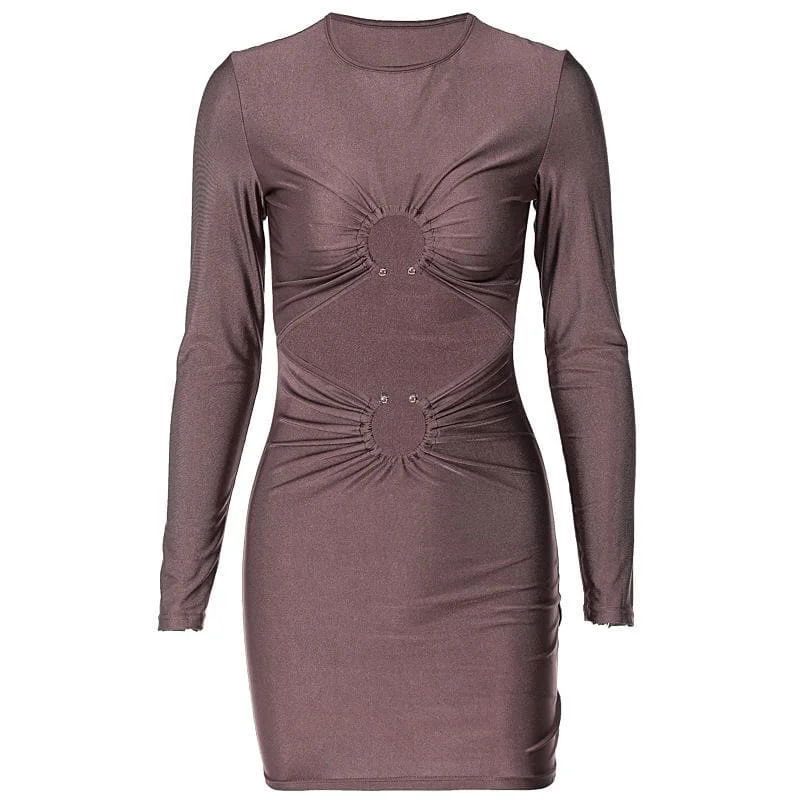 "Long sleeve dresses for women in cold weather"BerryBetty - Long sleeve solid ruched o ring hollow out mini dress