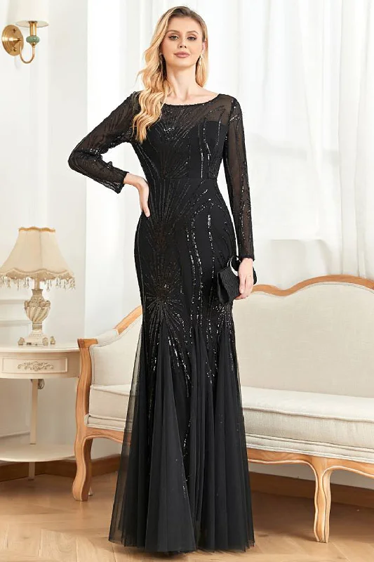 Velvet Dresses with Satin Trim for Ladies' Luxurious FeelLong Sleeves Mermaid Sequins Formal Dress