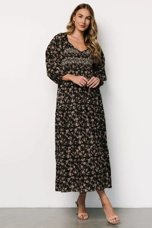 Breathable Chiffon Maxi Dresses for Hot DaysLouisa Smocked Maxi Dress | Black Floral Breathable Chiffon Maxi Dresses for Hot DaysLouisa Smocked Maxi Dress | Black Floral