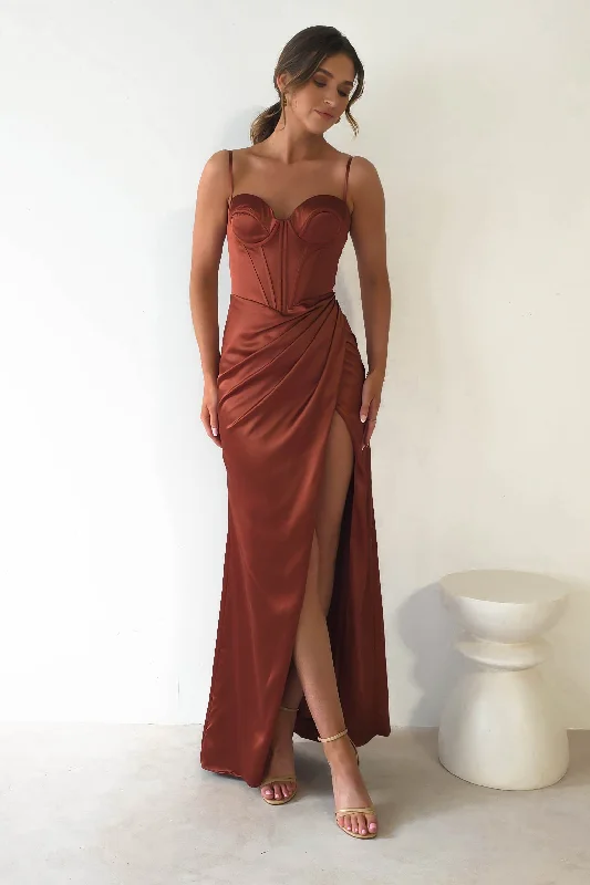 Maxi Dresses Embellished with Pearls for EleganceMaja Satin Corset Gown | Rust