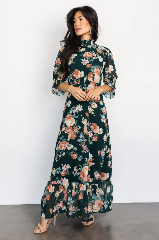Chinese - Inspired Maxi Dresses with Traditional ElementsMarie Mock Neck Maxi Dress | Dark Green Floral