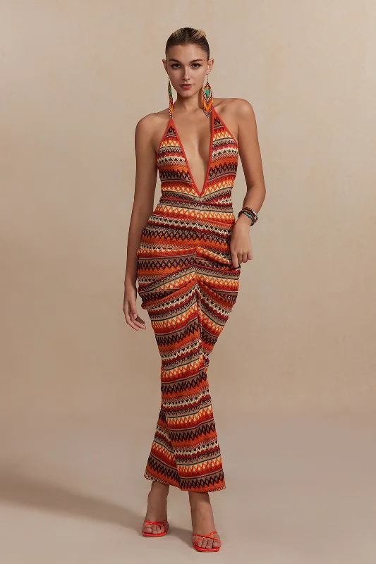 Maxi Dresses for Music Festivals with a Bohemian FlairZigzag Stripe Halter Backless Knit Maxi Dress