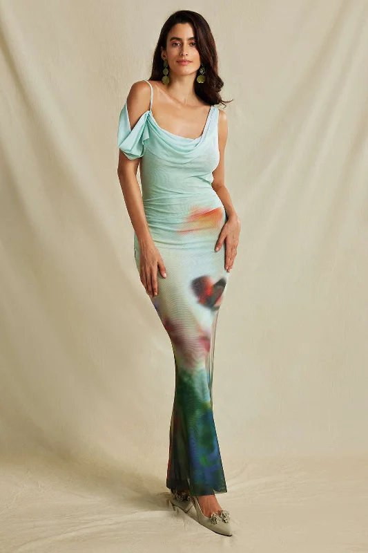 Maternity Maxi Dresses with Adjustable WaistsTie Dye Mesh Backless Asymmetric Cowl Neck Maxi Dress