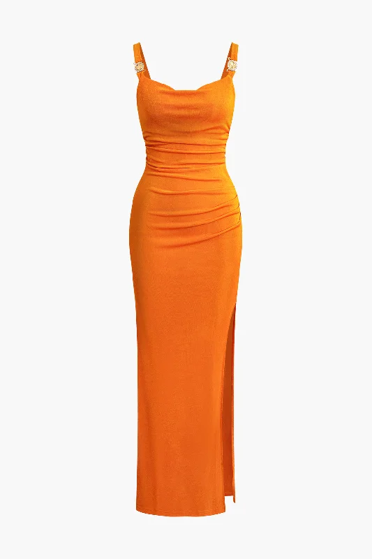 Japanese - Inspired Minimalist Maxi DressesEmbellished Strap Ruched Slit Cowl Neck Maxi Dress