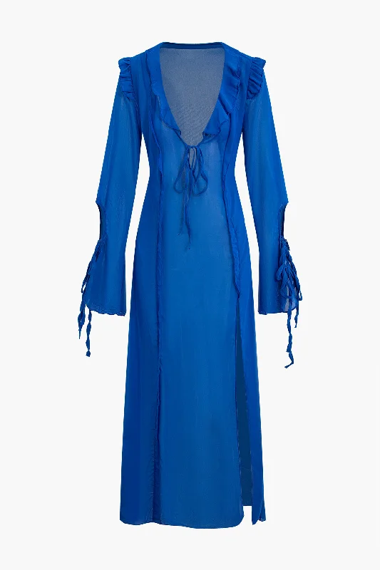 Cool Leather Maxi Dresses for a Rock - Chic StyleRuffle V-Neck Slit Cut Out Maxi Dress