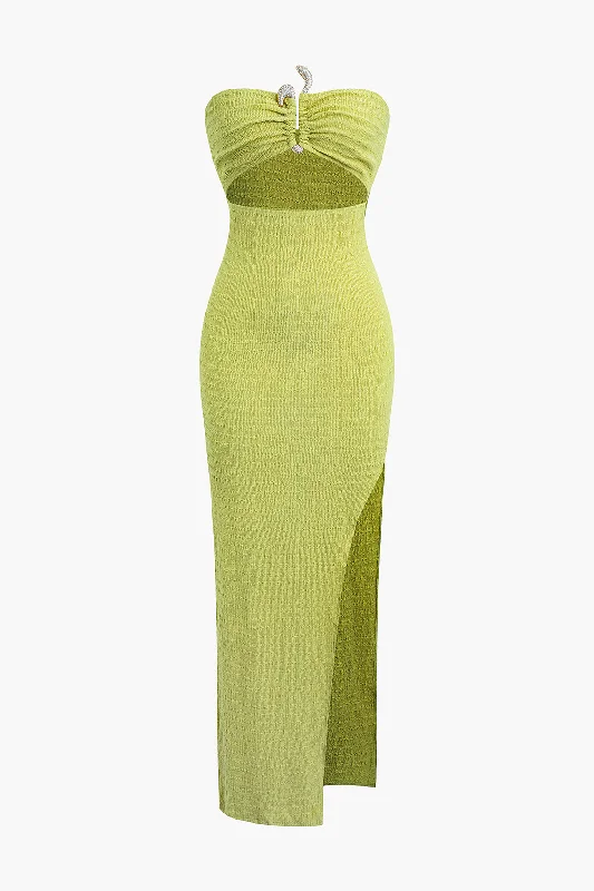 Retro Polka - Dot Maxi Dresses for a Nostalgic FeelTextured Ruched Cut Out Strapless Slit Maxi Dress