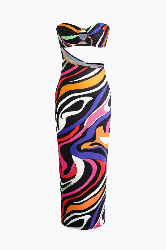 Short - Sleeved Shirt - Style Maxi Dresses for a Casual LookAbstract Print Cut Out Strapless Maxi Dress