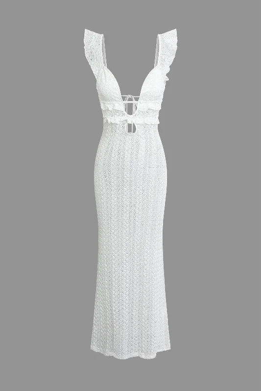 Maxi Dresses with Cross - Over Necklines for a Stylish LookLace Ruffle Backless V-neck Maxi Dress