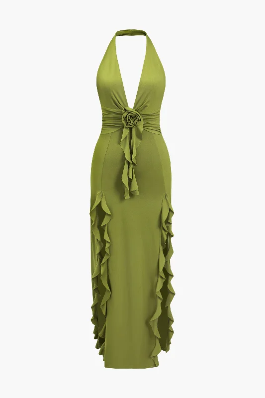 Maxi Dresses for Family Gatherings During HolidaysSolid 3D Flower Ruffel Backless Maxi Dress