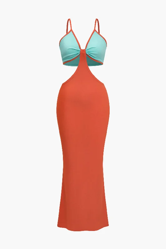 Maxi Dresses with Romantic Bows for a Feminine TouchContrast Color Block Cut Out Maxi Dress