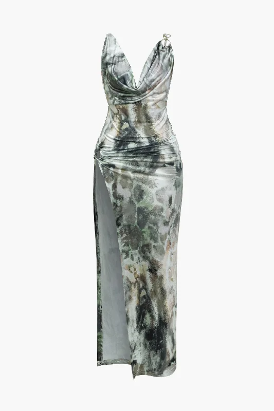 Vintage - Style Corduroy Maxi Dresses for AutumnTie Dye Print Slit Backless Draped Cowl Neck Maxi Dress