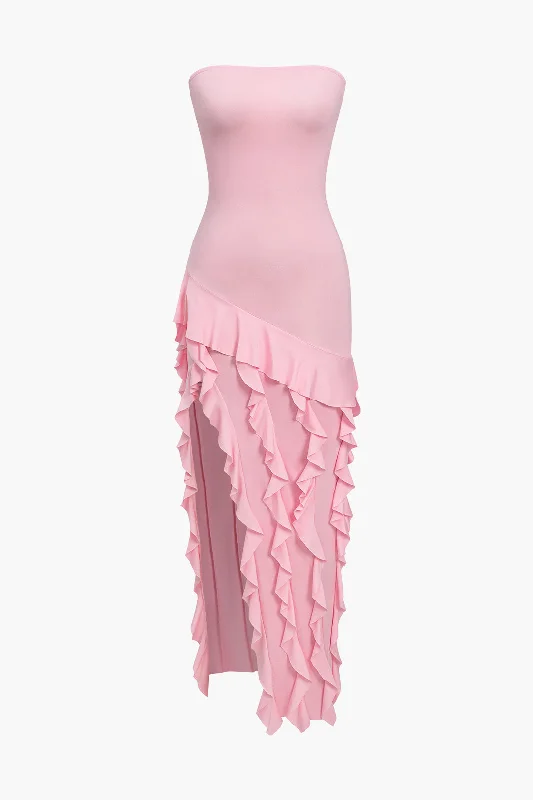 Maxi Dresses with Double - Layered Skirts for a Flowing EffectSolid Strapless Slit Ruffle Maxi Dress