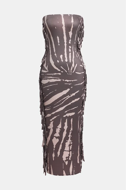 Maxi Dresses with Strap - Tie Details for a Personalized FitAbstract Print Fringe Strapless Maxi Dress