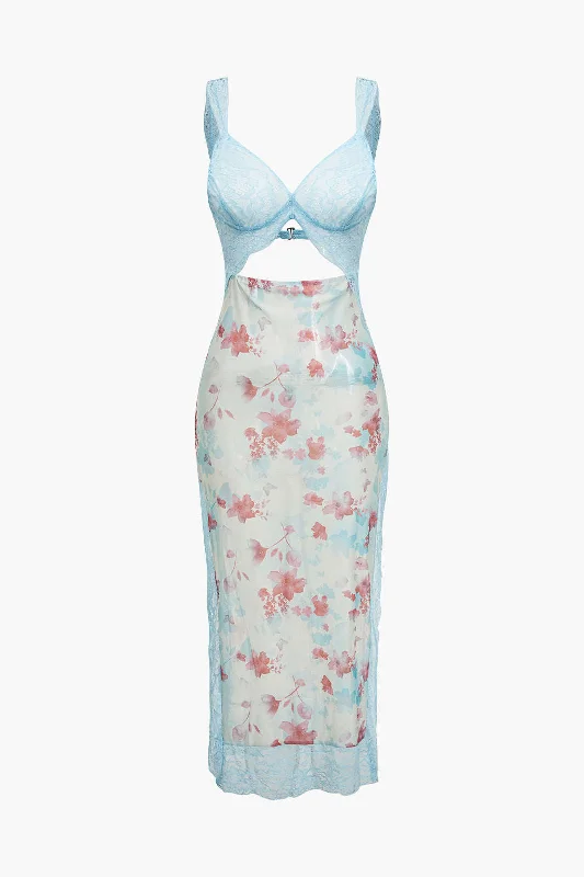 Light Pink Flowy Maxi Dresses for SpringFloral Print Lace Slit Maxi Dress