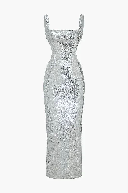 Breathable Chiffon Maxi Dresses for Hot DaysSolid Sequin Backless Slit Maxi Dress