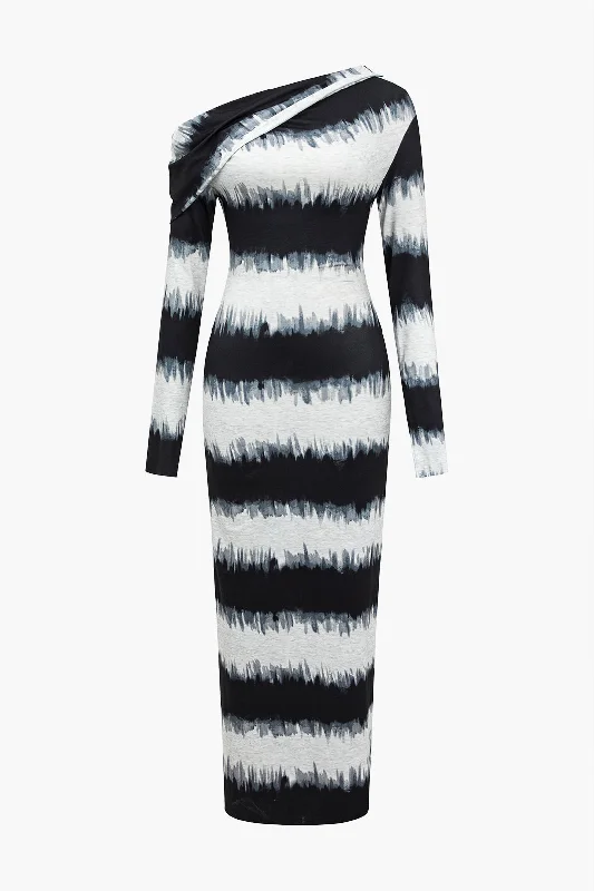 Maxi Dresses with Ethnic Embroidery for Cultural EventsStripes Print Asymmetrical Shoulder Maxi Dress