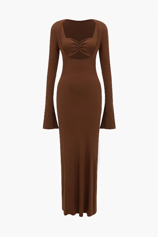 Preppy - Style Pleated Maxi Dresses for School EventsSolid Ruched Bell Sleeves Cut Out Maxi Dress