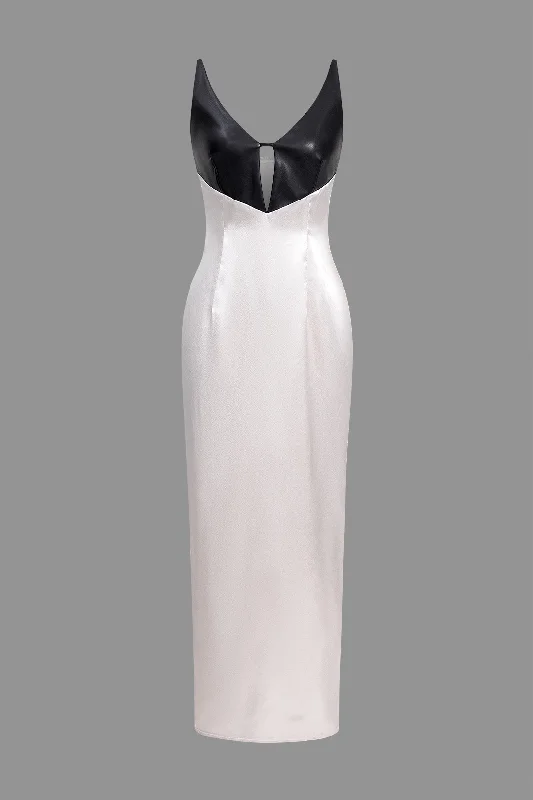 Maxi Dresses for Business - Casual ConferencesContrast Faux Leather Slip Cut Out Maxi Dress