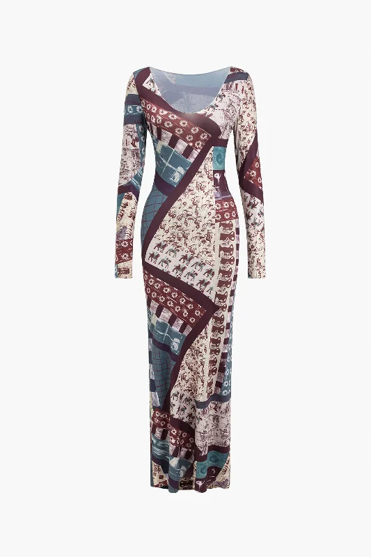 Royal Purple Maxi Dresses for a Regal AppearanceAbstract Patchwork Printed Long Sleeve Maxi Dress