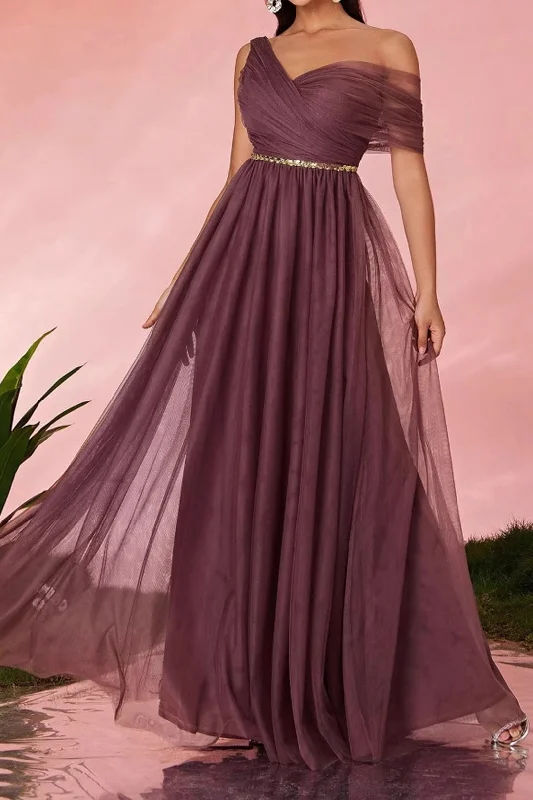 Maxi Dresses with Long - Sleeve Lace Inserts for a Romantic LookMesh Asymmetric Shoulder Maxi Dress