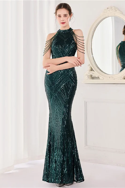 "Designer - inspired women's evening dresses"Mermaid Halter Dark Green Sequins Long Prom Dress "Designer - inspired women's evening dresses"Mermaid Halter Dark Green Sequins Long Prom Dress